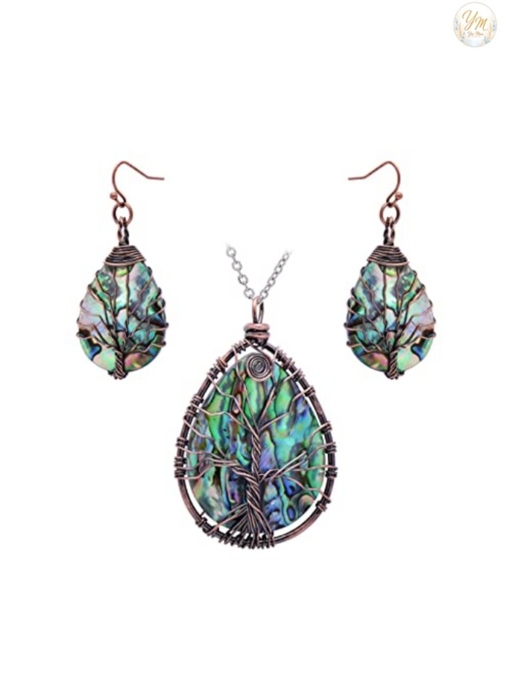 Handmade Tree of Life Sea Abalone Shell Jewelry Set Drop Earrings Pendant